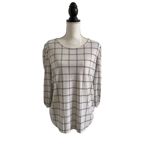 Adrianna Papell Windowpane Grid Print 3/4 Sleeve Blouse White & Black Size Large - Picture 2 of 8